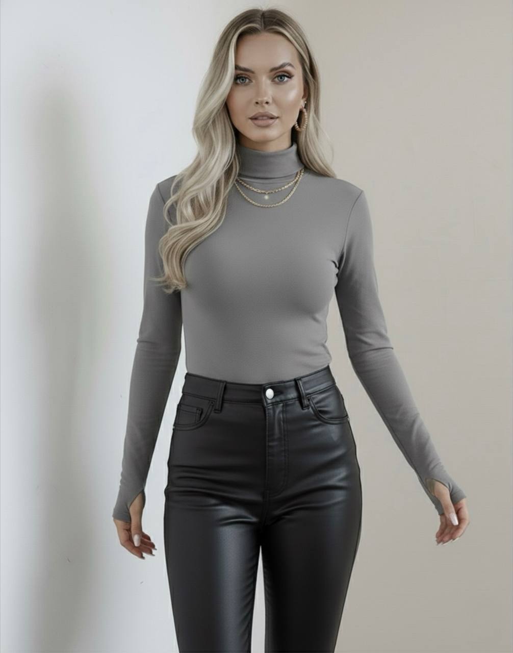 Yarım Balıkçı Yaka Parmak Detaylı Uzun Kollu Body