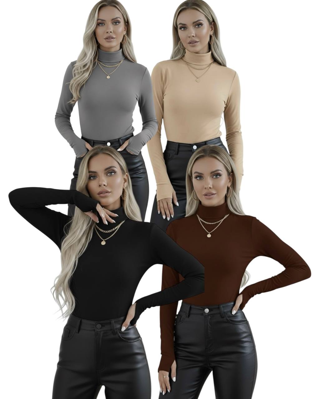 Yarım Balıkçı Yaka Parmak Detaylı Uzun Kollu Body - 4'lü Set