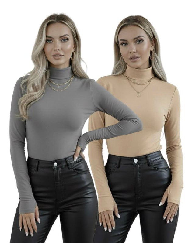 Yarım Balıkçı Yaka Parmak Detaylı Uzun Kollu Body - 2'li Set
