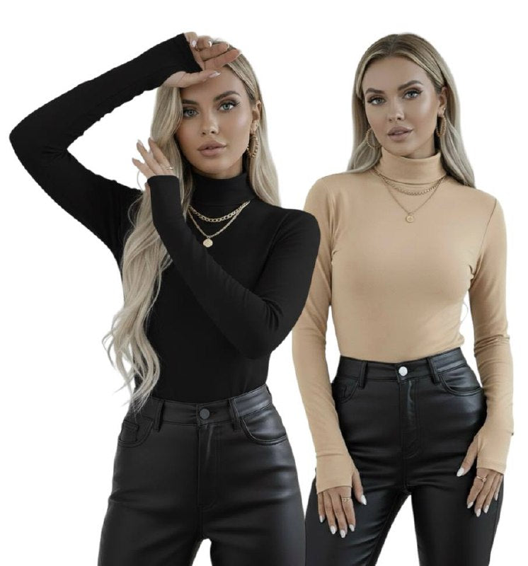 Yarım Balıkçı Yaka Parmak Detaylı Uzun Kollu Body - 2'li Set
