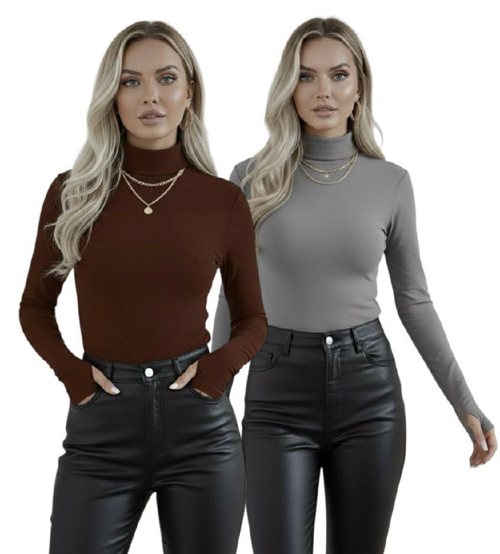 Yarım Balıkçı Yaka Parmak Detaylı Uzun Kollu Body - 2'li Set