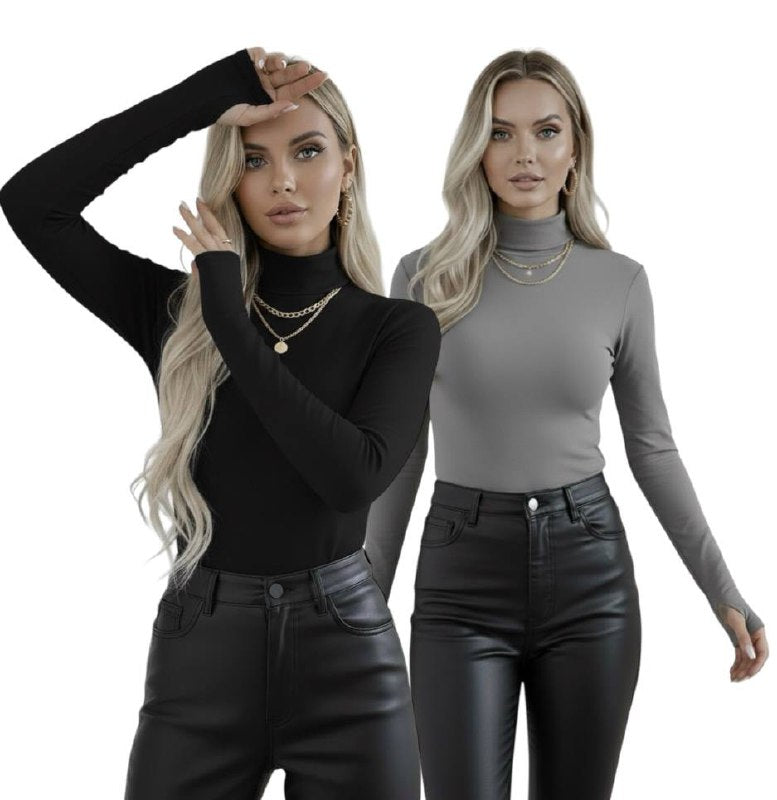 Yarım Balıkçı Yaka Parmak Detaylı Uzun Kollu Body - 2'li Set