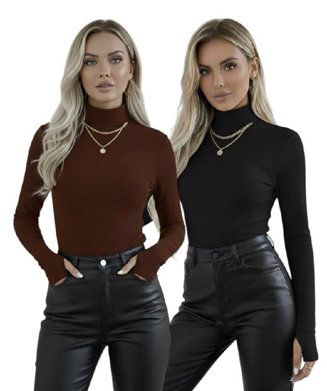 Yarım Balıkçı Yaka Parmak Detaylı Uzun Kollu Body - 2'li Set