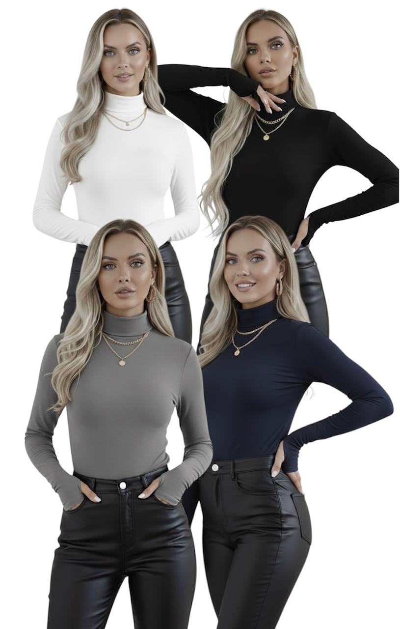 Yarım Balıkçı Yaka Parmak Detaylı Uzun Kollu Body - 4'lü Set