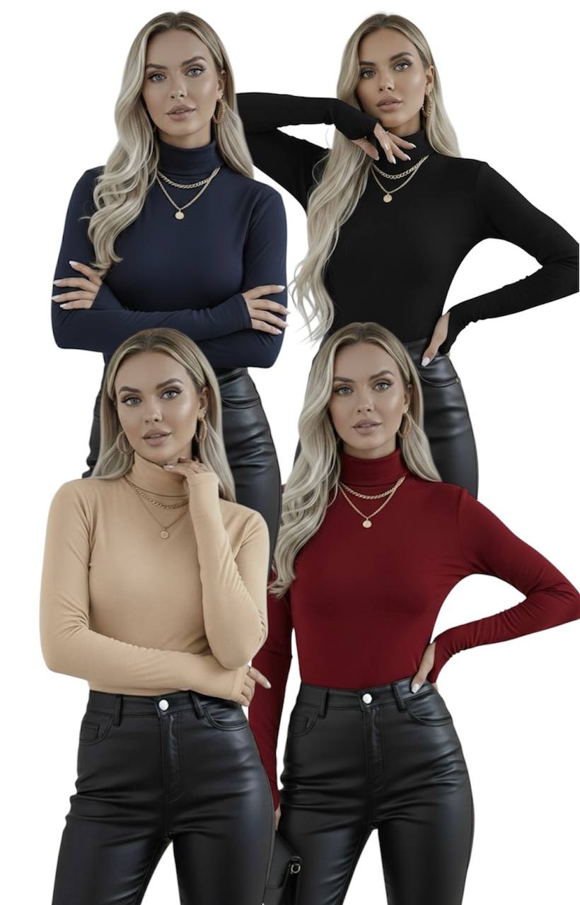 Yarım Balıkçı Yaka Parmak Detaylı Uzun Kollu Body - 4'lü Set