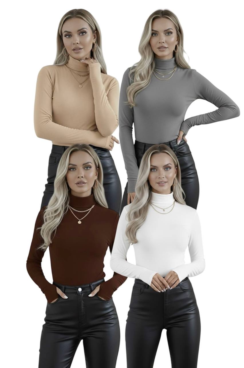 Yarım Balıkçı Yaka Parmak Detaylı Uzun Kollu Body - 4'lü Set