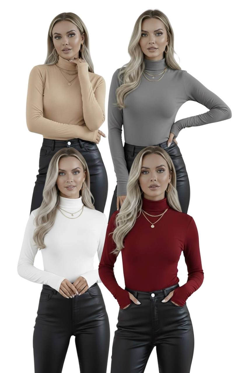Yarım Balıkçı Yaka Parmak Detaylı Uzun Kollu Body - 4'lü Set