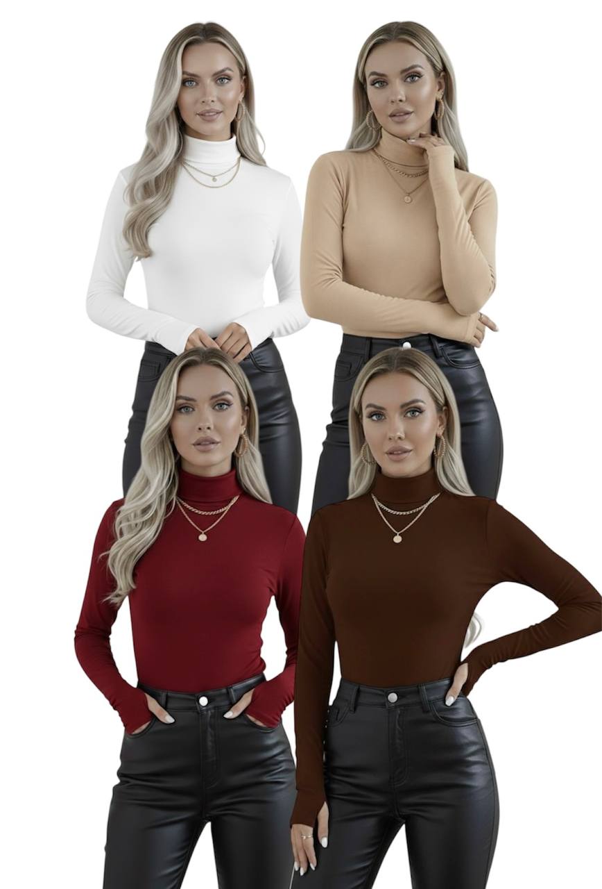 Yarım Balıkçı Yaka Parmak Detaylı Uzun Kollu Body - 4'lü Set